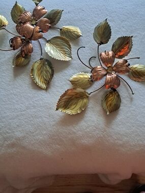 Vintage Metal Flower Wall Art Pair in Gold and Copper Tones